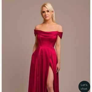 David's Bridal Red Off-Shoulder Pleated Gown